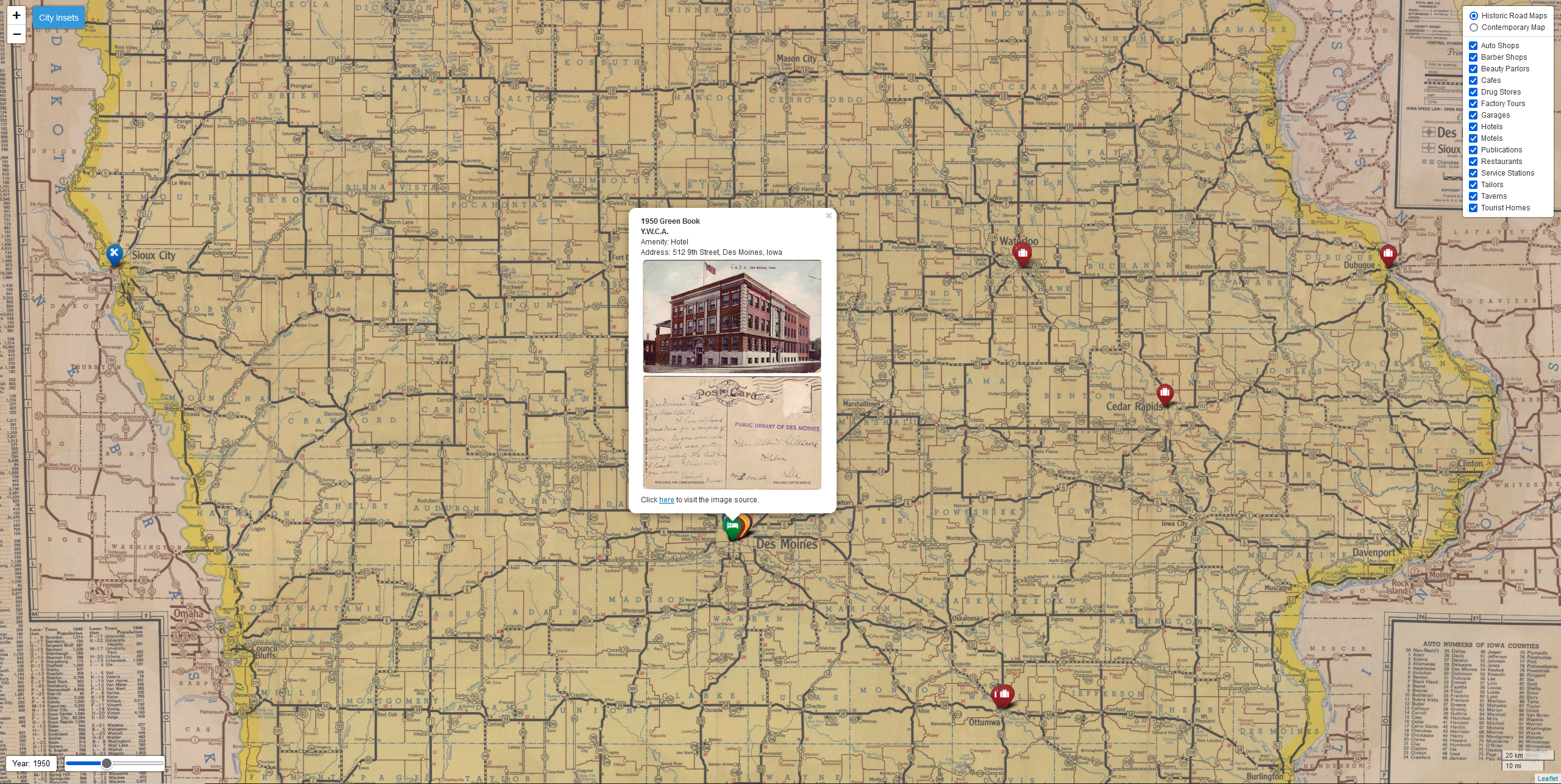 An interactive map of business entries for Iowa appearing in Green Book publications between 1939 and 1966.